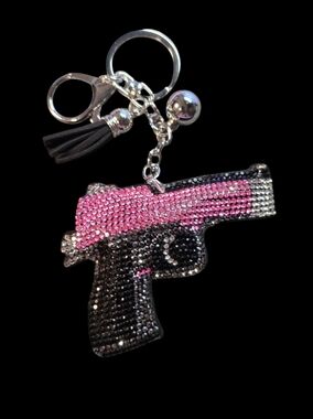 Rhinestone Pistol Bag Charm Keychain - Pink and Black